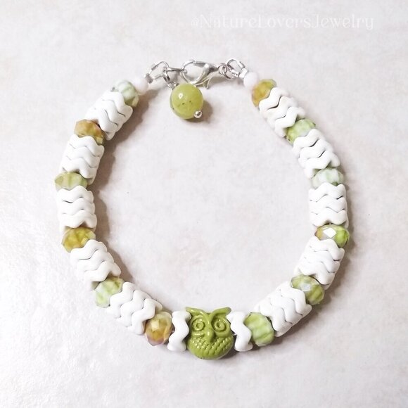 Owl Lovers! Beaded Bracelet: Patina Painted Owl + Millefiori + Howlite Beads - Picture 1 of 10